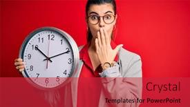  Presentation with clock countdown - Theme having young-beautiful-brunette-businesswoman-doing background and a red colored foreground