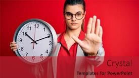  Presentation with clock countdown - Colorful theme enhanced with young-beautiful-brunette-businesswoman-doing backdrop and a crimson colored foreground