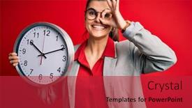  Presentation with clock countdown - Beautiful theme featuring young-beautiful-brunette-businesswoman-doing backdrop and a red colored foreground