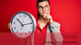  Presentation with clock countdown - Amazing PPT layouts having young-beautiful-brunette-businesswoman-doing backdrop and a red colored foreground