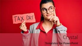  Presentation with tax day - Cool new slides with young-beautiful-brunette-businesswoman-holding backdrop and a red colored foreground