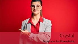  Presentation with forefinger - Amazing PPT layouts having young-beautiful-brunette-businesswoman-wearing backdrop and a red colored foreground