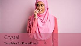  Presentation with pink nails - Colorful PPT theme enhanced with young-beautiful-brunette-businesswoman-wearing backdrop and a coral colored foreground