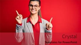  Presentation with advertisement - Slide deck with young-beautiful-brunette-businesswoman-wearing background and a red colored foreground