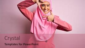  Presentation with business pink - Presentation theme with young-beautiful-brunette-businesswoman-wearing background and a coral colored foreground