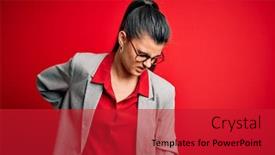  Presentation with back pain - Theme having young-beautiful-brunette-businesswoman-wearing background and a crimson colored foreground
