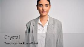  Presentation with simple - Presentation theme with young-beautiful-brunette-businesswoman-wearing background and a light gray colored foreground