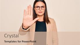  Presentation with hand palm - Slide set featuring young-beautiful-brunette-businesswoman-wearing background and a lemonade colored foreground