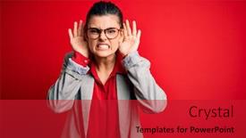  Presentation with deaf - PPT theme featuring young-beautiful-brunette-businesswoman-wearing background and a crimson colored foreground