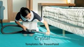  Presentation with room cleaning - Audience pleasing theme consisting of young-beautiful-brunette-chambermaid backdrop and a teal colored foreground