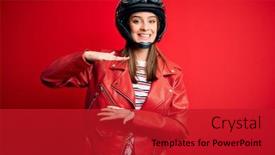  Presentation with cyclist - Cool new PPT theme with young-beautiful-brunette-cyclist-woman backdrop and a crimson colored foreground