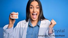  Presentation with dentist - Audience pleasing slide deck consisting of young-beautiful-brunette-dentist-woman backdrop and a teal colored foreground