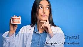  Presentation with prosthesis - Beautiful presentation theme featuring young-beautiful-brunette-dentist-woman backdrop and a teal colored foreground