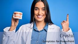  Presentation with dentist - Slide deck having young-beautiful-brunette-dentist-woman background and a light blue colored foreground