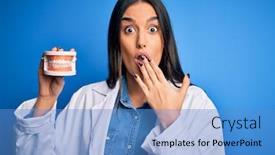  Presentation with prosthesis - Cool new slide deck with young-beautiful-brunette-dentist-woman backdrop and a teal colored foreground