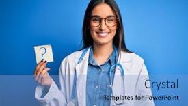  Presentation with confident - PPT layouts featuring young-beautiful-brunette-doctor-woman background and a light blue colored foreground