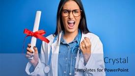  Presentation with diploma - Colorful slide set enhanced with young-beautiful-brunette-doctor-woman backdrop and a teal colored foreground