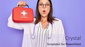  Presentation with first aid kit - Presentation design enhanced with young-beautiful-brunette-doctor-woman background and a light blue colored foreground