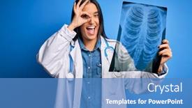  Presentation with eye doctor - Amazing presentation design having young-beautiful-brunette-doctor-woman backdrop and a teal colored foreground