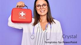  Presentation with first aid kit - Presentation theme featuring young-beautiful-brunette-doctor-woman background and a light blue colored foreground