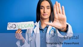  Presentation with vegan - Audience pleasing PPT theme consisting of young-beautiful-brunette-doctor-woman backdrop and a teal colored foreground