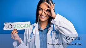 Presentation with vegan - Amazing PPT theme having young-beautiful-brunette-doctor-woman backdrop and a teal colored foreground