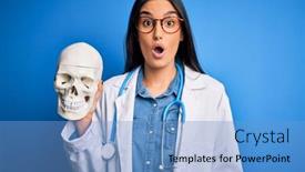  Presentation with human face - Colorful slide set enhanced with young-beautiful-brunette-doctor-woman backdrop and a light blue colored foreground