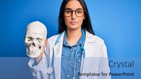  Presentation with human face - Presentation theme with young-beautiful-brunette-doctor-woman background and a light blue colored foreground