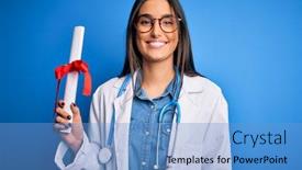  Presentation with diploma - PPT theme enhanced with young-beautiful-brunette-doctor-woman background and a teal colored foreground