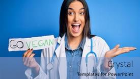  Presentation with vegan - Amazing slide deck having young-beautiful-brunette-doctor-woman backdrop and a light blue colored foreground