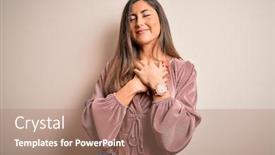  Presentation with long hair - Colorful PPT theme enhanced with young-beautiful-brunette-elegant-woman backdrop and a coral colored foreground