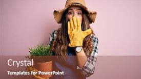  Presentation with shame - Cool new slide deck with young-beautiful-brunette-farmer-woman backdrop and a tawny brown colored foreground