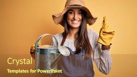  Presentation with apron - Colorful slide deck enhanced with young-beautiful-brunette-farmer-woman backdrop and a tawny brown colored foreground