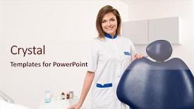  Presentation with surgery - Beautiful PPT theme featuring young beautiful brunette female dentist at dentist's surgery backdrop and a sky blue colored foreground