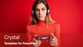  Presentation with video game - Audience pleasing PPT layouts consisting of young-beautiful-brunette-gamer-woman backdrop and a crimson colored foreground