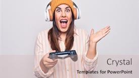  Presentation with video game - Amazing slide deck having young-beautiful-brunette-gamer-woman backdrop and a lemonade colored foreground