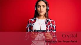  Presentation with video game - Beautiful theme featuring young-beautiful-brunette-gamer-woman backdrop and a crimson colored foreground