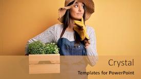  Presentation with apron - Audience pleasing PPT layouts consisting of young-beautiful-brunette-gardener-woman backdrop and a yellow colored foreground