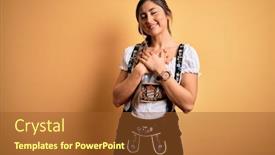  Presentation with german - Cool new PPT theme with young-beautiful-brunette-german-woman backdrop and a tawny brown colored foreground