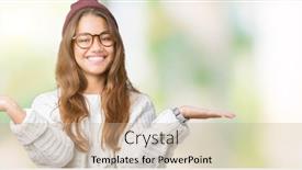  Presentation with woman hands open - Slide deck with young beautiful brunette hipster woman wearing glasses and winter hat over isolated background smiling showing both hands open palms presenting and advertising comparison and balance background and a coral colored foreground