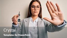  Presentation with house key - Presentation design featuring young-beautiful-brunette-house-agent background and a dark gray colored foreground