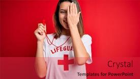  Presentation with lifeguard - PPT theme having young-beautiful-brunette-lifeguard-girl background and a red colored foreground