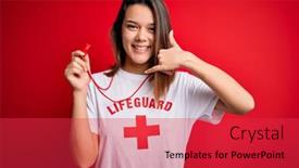  Presentation with red telephone - Slide set consisting of young-beautiful-brunette-lifeguard-girl background and a red colored foreground