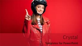  Presentation with motorcycle - Presentation theme having young-beautiful-brunette-motocyclist-woman background and a crimson colored foreground