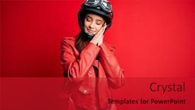  Presentation with motorcycle - Theme having young-beautiful-brunette-motocyclist-woman background and a crimson colored foreground