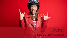  Presentation with star red - Audience pleasing PPT layouts consisting of young-beautiful-brunette-motocyclist-woman backdrop and a crimson colored foreground