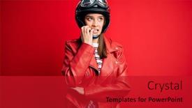  Presentation with nails - PPT theme having young-beautiful-brunette-motocyclist-woman background and a crimson colored foreground