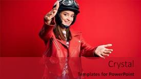  Presentation with motorcycle - PPT layouts enhanced with young-beautiful-brunette-motocyclist-woman background and a crimson colored foreground