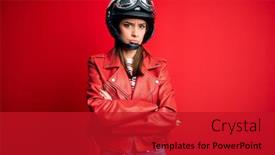  Presentation with motorcycle - Amazing PPT theme having young-beautiful-brunette-motocyclist-woman backdrop and a crimson colored foreground