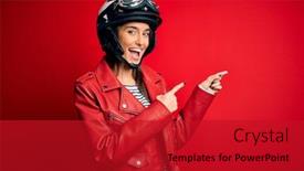  Presentation with motorcycle - PPT theme enhanced with young-beautiful-brunette-motorcyclist-woman background and a crimson colored foreground